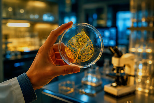 AI Generated Biotech Science Research Golden Leaf Skeleton in Petri Dish at Futuristic Laboratory
AI generated high-end commercial science illustration of a researcher holding a petri dish containing 