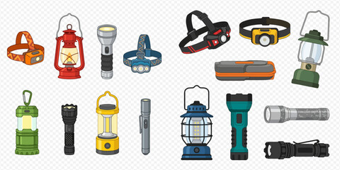 Collection of various flashlights, headlamps, and lanterns for camping and outdoor activities, isolated on transparent background. © Akun