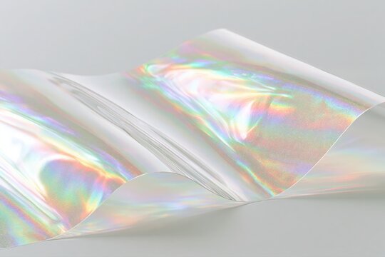 Abstract iridescent holographic film with flowing curves and shimmering rainbow light reflections on a clean background.