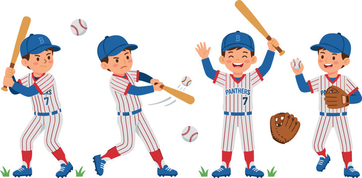 Little League Baseball Player Boy Character Set in Striped Uniform Batting Hitting Ball Catching and Celebrating Victory Isolated Vector Illustration