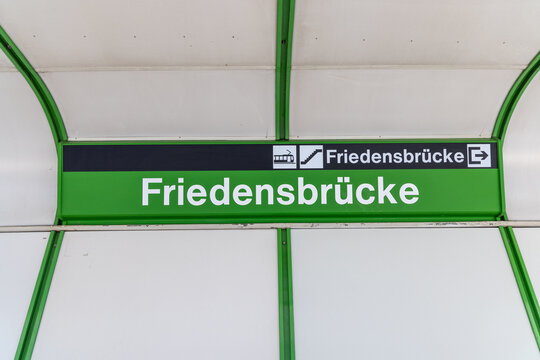 subway sign in the vienna metro Friedensbr&uuml;cke - peace bridge - with pictogramm exit and changing the line