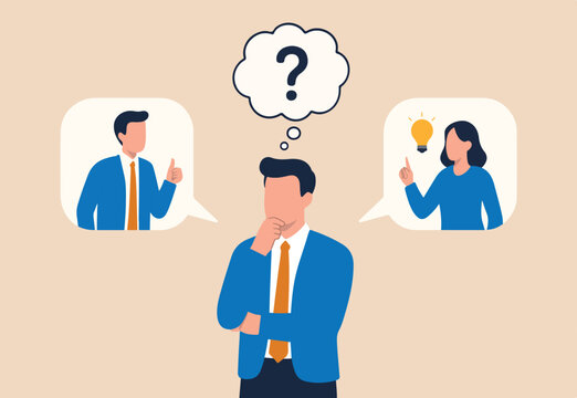 Second opinion, suggestion or advice to consider, reason or logical thinking, information to make decision or judgement concept, businessman think from listening to second opinion and make decision