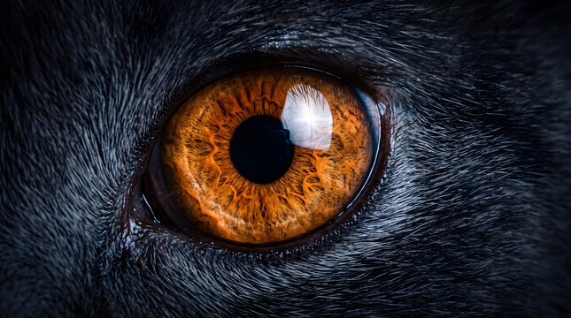 Macro shot of a black cat intense copper orange eye with dramatic studio lighting