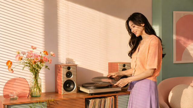 Young Woman Playing Vinyl Record on Turntable in Retro Sunlit Living Room with Stylish Home Audio Setup