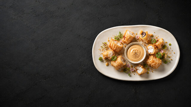 Monkfish Tempura with Aioli and Sorrel Gourmet Starter, overhead view, top view