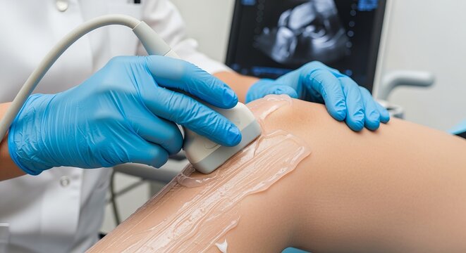 Close up of a doctor performing a vibrant ultrasound examination on a patient s knee joint