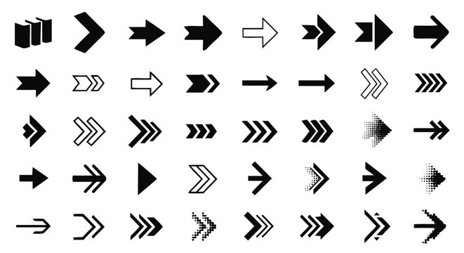 Vector illustration of set of various black arrow icons on a transparent background