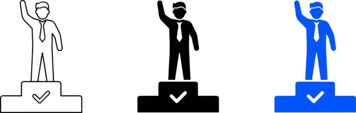 Business success winner standing on podium icon with business champion achiever businessman leadership standing accomplishment professional