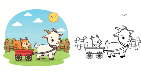 Cute cartoon goat pulling a red wagon with a happy squirrel waving in a sunny farm scene © Dewan