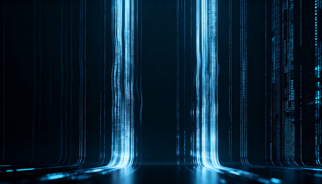 Encrypted data flow background featuring glowing vertical streams with subtle distortion effect and wide negative space for text copy layout