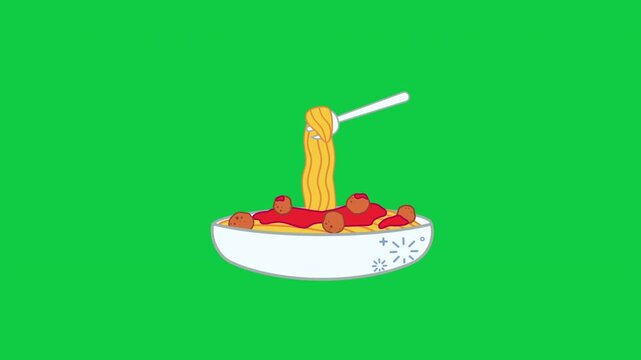 Spagethi Noodle Bowl with Chopsticks Flat 2D Cartoon Vector Animation Loop Green Screen