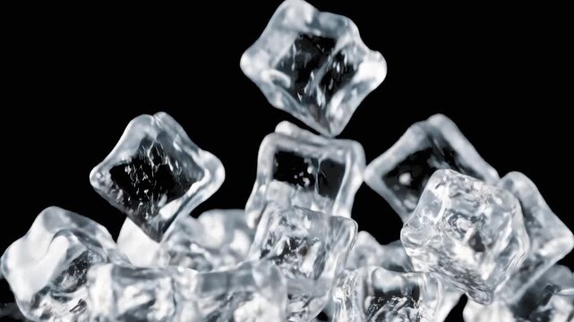 A close-up shot of transparent ice cubes dropping down and piling together against a solid black backdrop. The scene uses sharp studio lighting to highlight the texture and reflections of the ice.