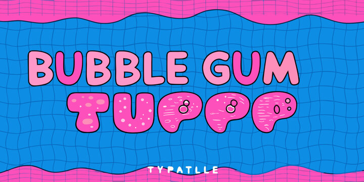 Bubble gum typeface illustration with pink and blue wavy background