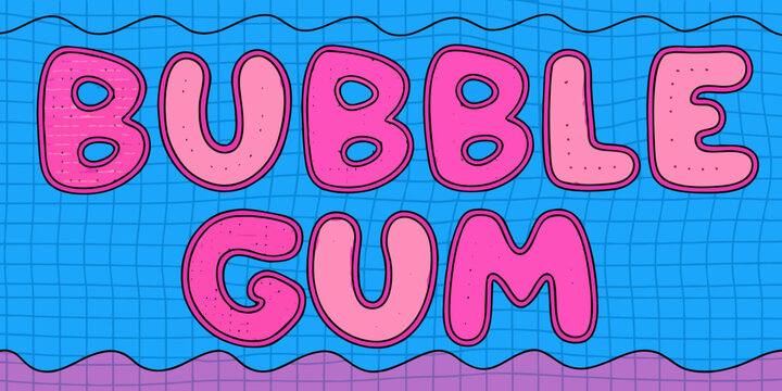 Bubble gum typeface illustration with pink and blue wavy background