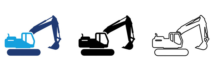Multicolor Excavator Icon Set with Filled Solid and Outline Line Art Styles for Construction Heavy Equipment and Industrial Engineering Isolated on Transparent Background © Kasmiri