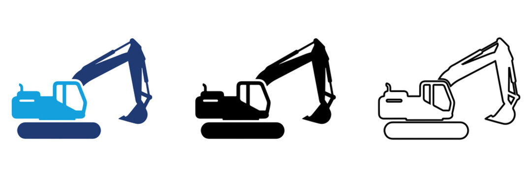 Multicolor Excavator Icon Set with Filled Solid and Outline Line Art Styles for Construction Heavy Equipment and Industrial Engineering Isolated on Transparent Background