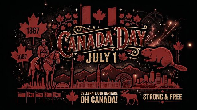 Detailed Canada Day collage with Mountie, beaver, and national slogans.