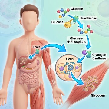 Illustration of glucose metabolism and glycogen synthesis pathway in the human liver and muscle cells for energy storage