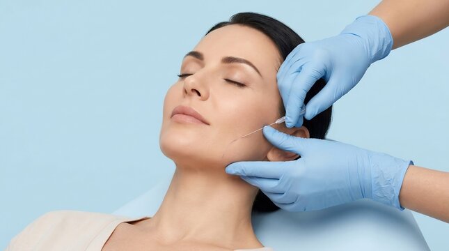 Woman receiving a professional thread lift procedure for facial rejuvenation and anti aging in a clinic