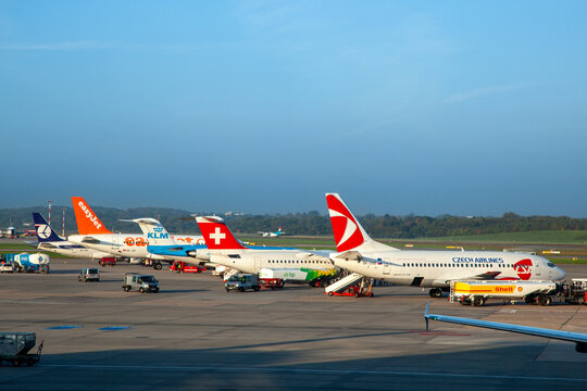 Aircrafts parking at the apron in early morning at Hamburg international airport.
