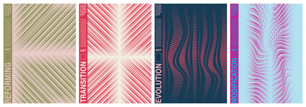 Abstract geometric poster set vector illustration featuring varied linear wave patterns for designs.