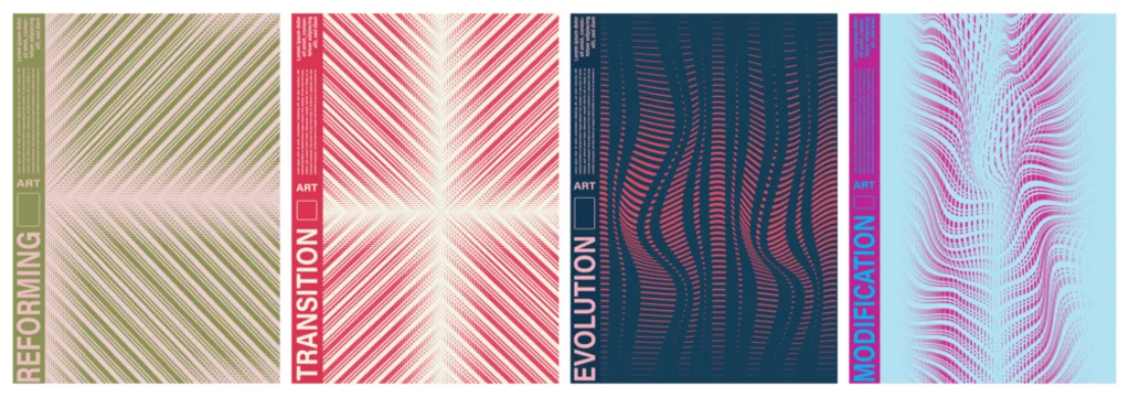 Abstract geometric poster set vector illustration featuring varied linear wave patterns for designs.