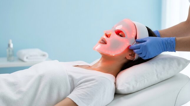 Young woman receiving professional red light therapy facial treatment with LED mask in a beauty clinic