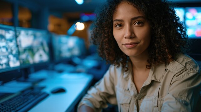 Security control room operator monitoring surveillance screens in modern command center