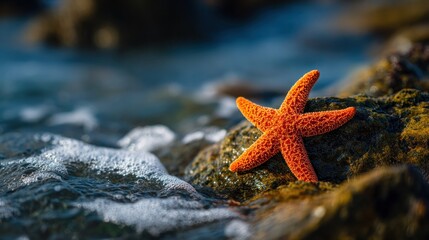 Orange starfish on a rock near the ocean