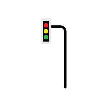 Minimalist flat vector icon of a vertical traffic light featuring red, yellow, and green circular signals on a curved black pole, isolated on white.
