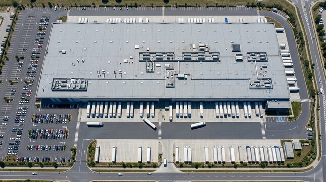 Aerial View Large Industrial Warehouse Distribution Center Flat Roof HVAC Units Delivery Trucks Marked Bays Parking Areas Loading Zones - Industrial Stock Photo