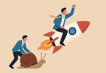 Boost fast speed to win business competition, high performance employee, competitive advantage winner, innovation or skill to success concept, businessman winner riding rocket, another on slow snail © Parul