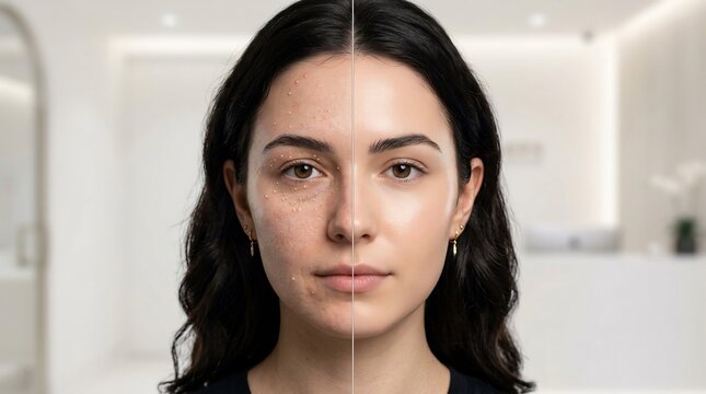 Close-up comparison of skin texture showing milia cysts on one side and clear smooth skin on the other side of a woman's face