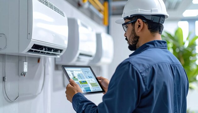 Technician inspecting air conditioning units using digital tablet for climate control system maintenance, monitoring efficiency, smart building technology