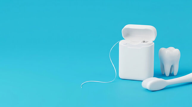 Dental floss container with a toothbrush and tooth model. Oral hygiene accessories arranged on a blue background.