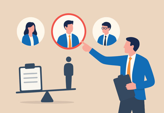 Choose candidate for job position, HR, human resources recruitment or hiring new employee, career opportunity or interview, talent or headhunter concept, businessman pointing at chosen candidate