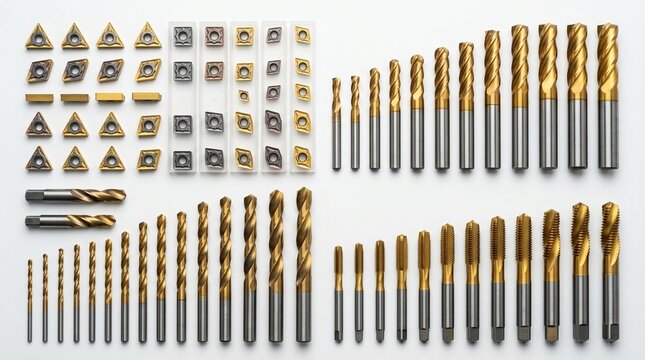Metal Cutting Tool Collection Turning Inserts End Mills Drill Bits Taps Flat Lay White Surface All in Cemented Carbide Grey and Gold PVD - Industrial Stock Photo