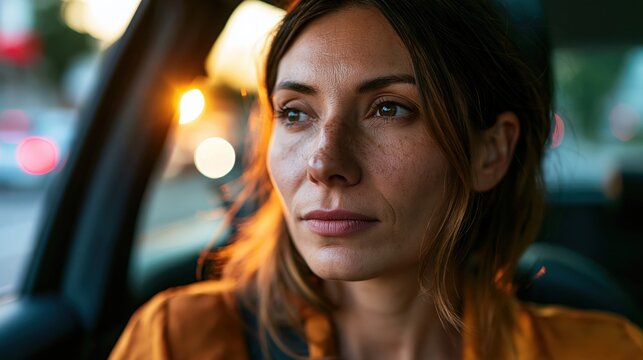 Female driver commuting in city with warm sunlight and bokeh street view