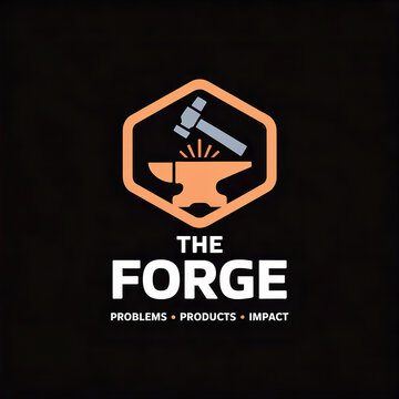 Minimalist industrial logo with hammer and anvil icons in a hexagon for brand identity
