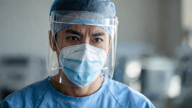 Close portrait of a male healthcare professional in blue surgical scrubs wearing a transparent face shield and blue surgical mask looking directly into camera in a hospital clinical background.