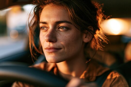 Woman driving car with sunlight streaming into cabin