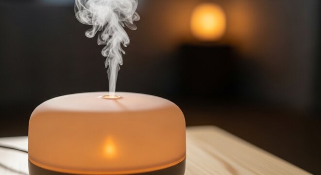 Aromatherapy diffuser emitting a stream of white vapor in a dimly lit room with a warm glowing light in the background.
