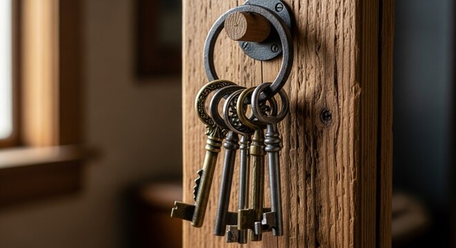 Vintage Skeleton Keys Hanging on a Rustic Wooden Post with Ring.