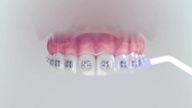 Braces Installation. 3D animation of indirect orthodontic bracket bonding with a transfer tray for precise braces placement.