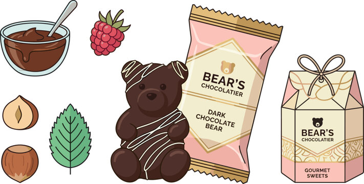 Gourmet Chocolate Bear Candy Vector Illustration Set with Premium Packaging Wrapper Gift Box Raspberry Hazelnut and Cream Bowl Elements