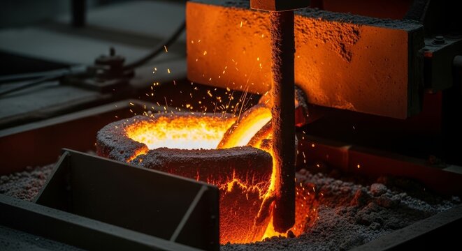 Fiery molten metal process in an industrial furnace, casting and refining glowing liquid metal for manufacturing.