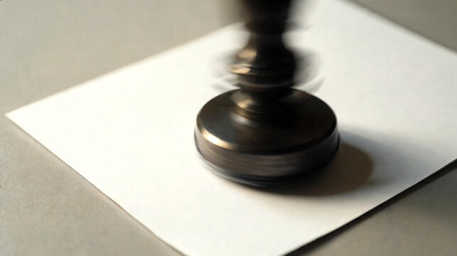 Round rubber stamp being pressed onto a white paper with motion blur conveying the act of official approval or authentication in a legal, business or administrative office setting.