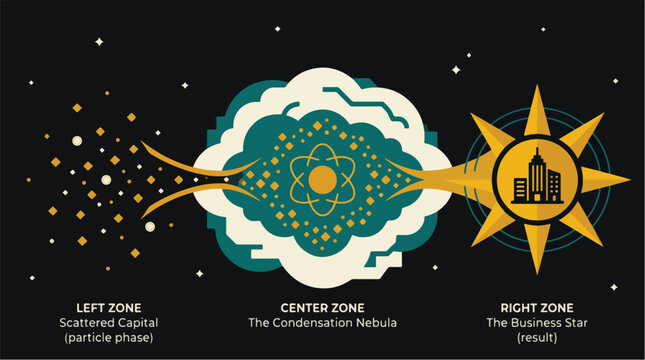 Surreal Capital Formation Nebula Where Investment Particles Condense into a Business Star &mdash; Flat Vector for Finance, IPO, and Investment Concepts