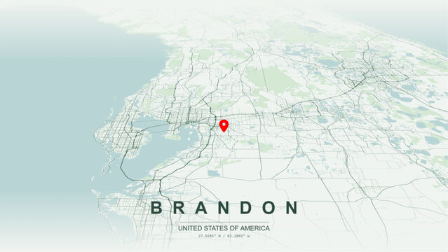 Modern minimalist vector map of Brandon, Florida, USA. High-quality scalable illustration of Brandon city grid, suburban lakefront contours, and Tampa Bay regional transit networks for posters design.