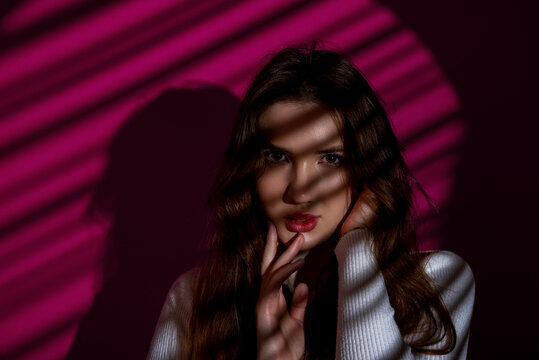 Portrait in studio with a beautiful young woman looking at the camera